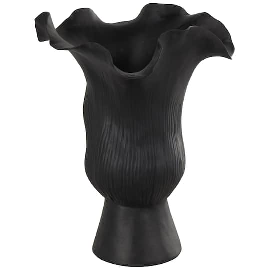 10.5" Black Ceramic Abstract Floral Vase with Linear Grooves